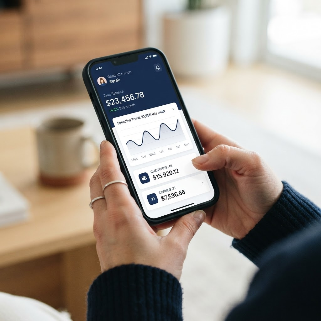 The Vela Bank mobile app showing an account dashboard